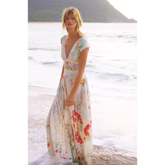 Free People Dresses & Skirts - Free People Hibiscus Heaven Maxi Dress Size XL Floral Embroidered Tropical